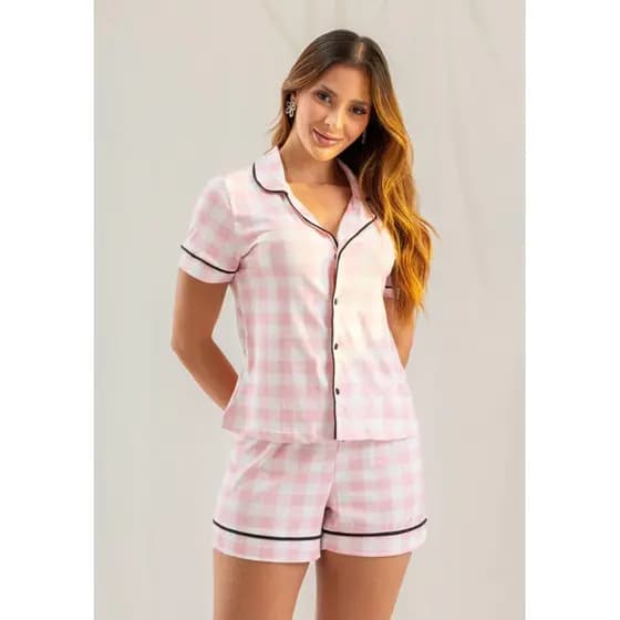 pijama americano xadrez doll feminino short doll baby doll com botões pijama feminino de dormir