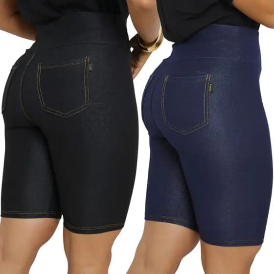 Bermuda Cotton Jeans Shorts Jeans Feminino Cintura Alta Com Bolsos Elastano