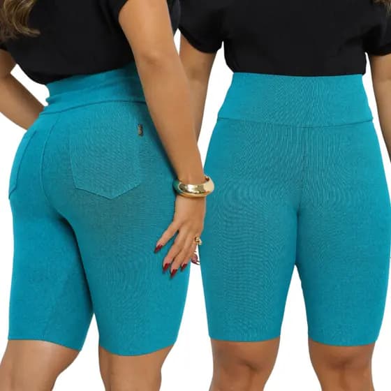 Short Bermuda Feminino Cotton Com Bolso Atrás Liso Comprido Cos Alto Elastano