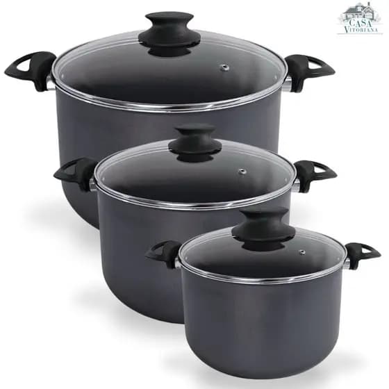 Kit 3 Caldeirões Antiaderentes Com 5 Camadas de Teflon Premium Preto Grafite