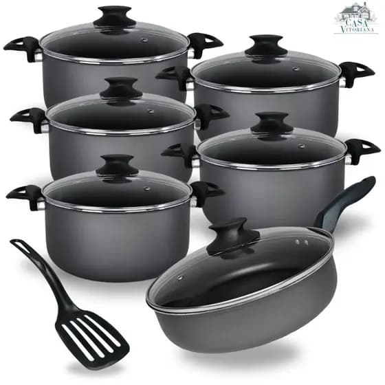 Jogo De Panelas Caçarolas 16 a 24 e Frigideira Alta 24 cm Com 5 Camadas De Antiaderente Teflon Grafite