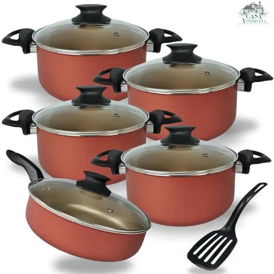 Jogo De Panelas Caçarolas 16 a 22 e Frigideira Alta 24 cm Com 5 Camadas De Antiaderente Teflon Cereja