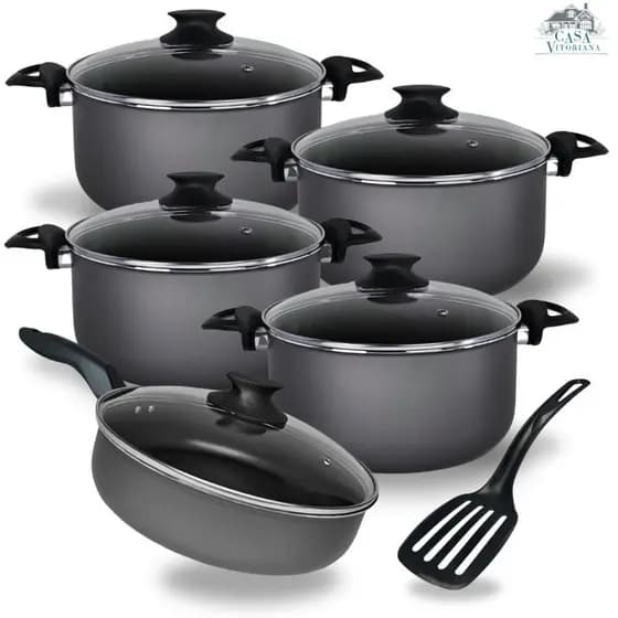 Jogo De Panelas Caçarolas 16 a 22 e Frigideira Alta 24 cm Com 5 Camadas De Antiaderente Teflon Grafite
