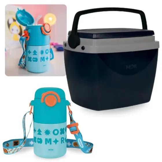 Kit Infantil Garrafa Térmica Inox com Canudo 500ml + Cooler Caixa Térmica 6l Preta