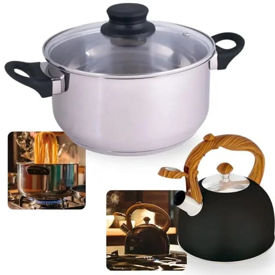 Kit Panela Caçarola 25cm em Inox 5,3l Fundo Triplo Indução e Gás + Chaleira em Inox com Apito 2,5l Wood Preta