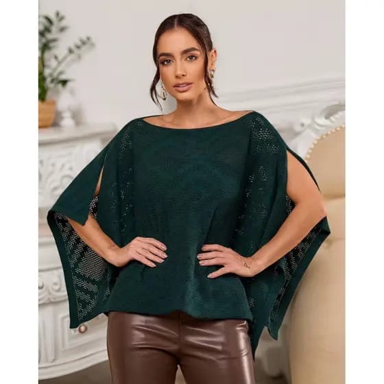 Blusa Feminina Em Tricot Modal Macio Poncho Decote Canoa