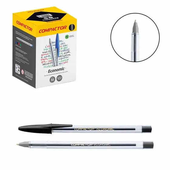 Caneta Esferográfica Economic 1.0mm Preta 100 unidades Compactor