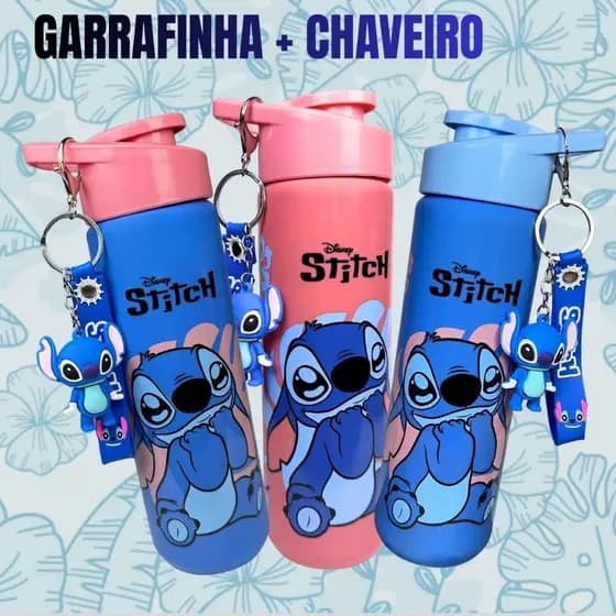 Garrafa Squeeze Stitch Disney, 700ml + Chaveiro - Silicone Antivazamento Escola e Academia Livre BPA