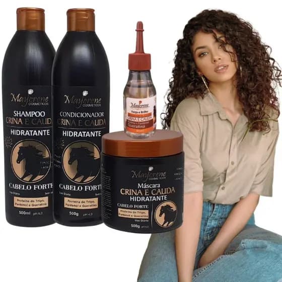 Kit Crina e Cauda Maycrene 3x500ml, e Reparador de Pontas 30ml Cabelos Fortes, Com Brilho e Maciez