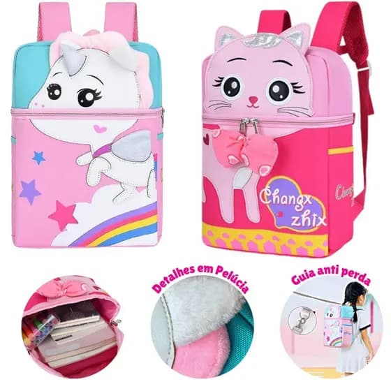 Mochila Infantil Menina Bolsa Escolar Feminina Pets Creche Passeio Criança com Guia