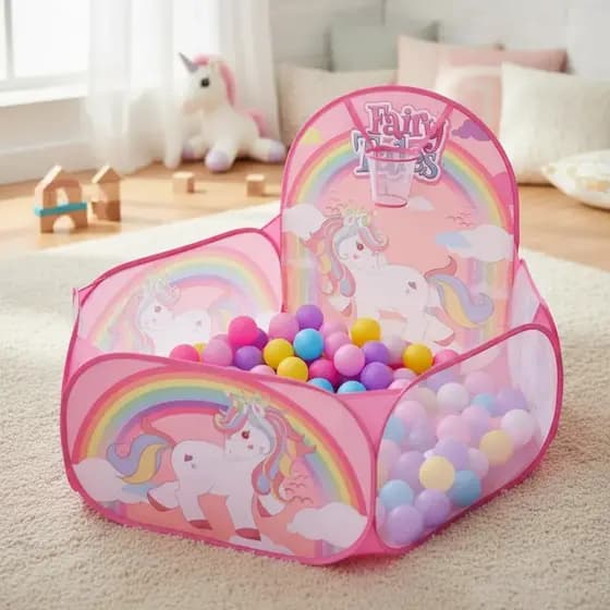 Piscina De Bolinhas Infantil Unicórnio Dobrável Portátil Com Cesta Rosa