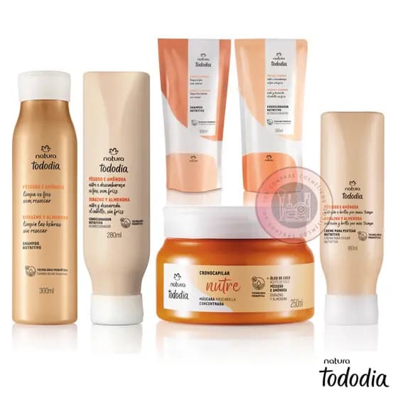Linha Cabelos Tododia Nutritivo Pêssego e Amêndoa Natura: Shampoo, Condicionador, Máscara Concentrada e Creme p/ Pentear