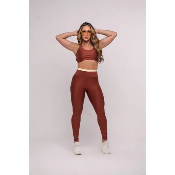 Conjunto Fitness Feminino Bicolor Com Bolso – Top + Calça Legging Cós Alto