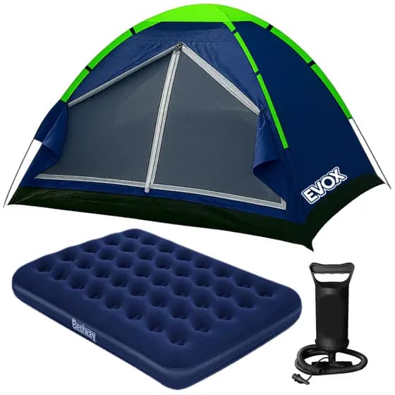 Kit Barraca de Acampamento A Prova D'Água 4/3 Pessoas Reforçada + Colchão Inflável Casal Resistente + Bomba de Ar