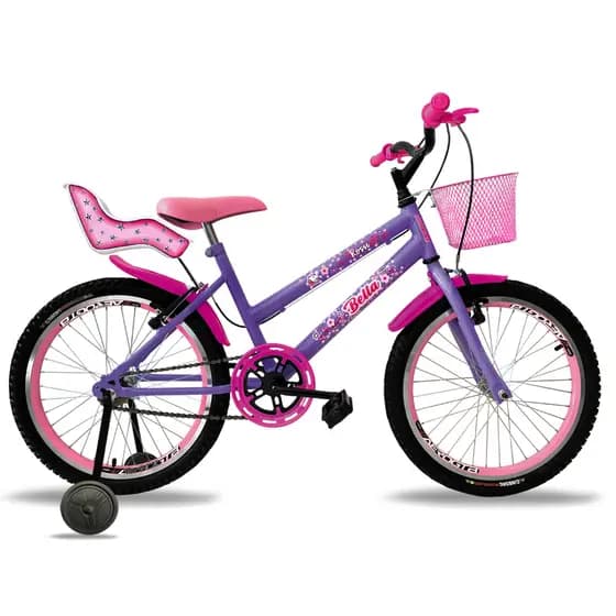 Bicicleta Infantil Menina Aro 20 Bella Com Rodinha e Cestinha 5 a 8 anos Cadeirinha de Bonecas