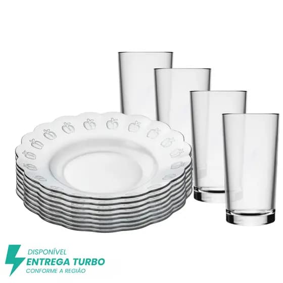 Jogo de Pratos Fundos e Copos com 8 Peças – Aparelho de Jantar em Vidro Ideal para Mesa Posta
