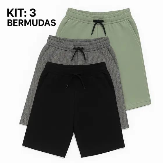 Kit 3 Bermudas Moletom Masculino Algodão Premium Academia e Dia a Dia