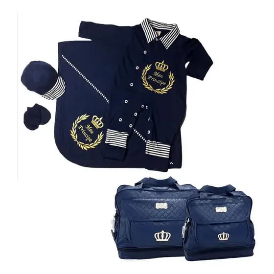 Kit Bolsa e Saída de Maternidade Para Bebe Menino Marinho 04 Peças Roupinhas Para Bebê Bordado