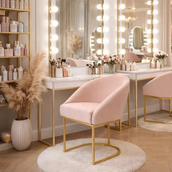 Cadeira Poltrona Lua Estofada em Veludo Rosê com Pés Dourados Luxo para Penteadeira