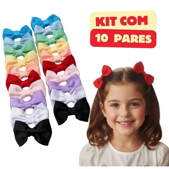 Kit 10 Pares de Laços de Cabelo Bebê Presilha Menina Bico de Pato