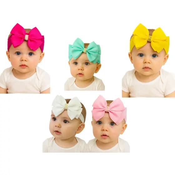 Kit 5 Laços Infantil para bebe Confortável Fita Grossa Pérolas e Brilhantes Central