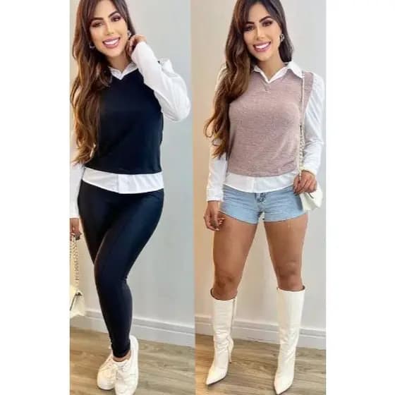 CAMISA SOBREPOSIÇÃO COM MANGA BUFANTE - 2 EM 1 - MODA CASUAL