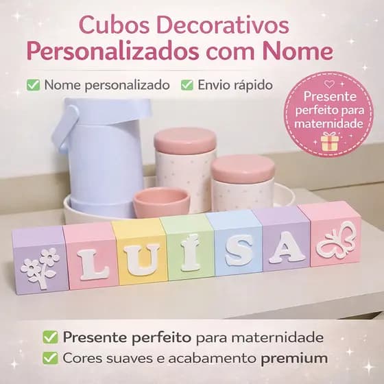 Cubos Dado com Nome Quarto Bebê 6x6cm Decoração Infantil Decorativo Bloco Personalizado Decorativo
