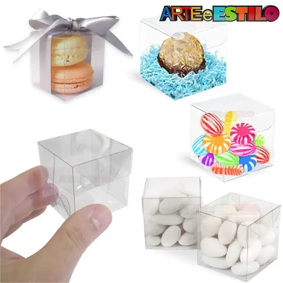 50 Caixinhas Transparente 5x5x5 cm para 2 Macaron, Caixa Acetato Brigadeiro Gourmet, Lembrancinha