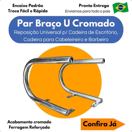 Par Braço U Cromado Reposição Universal Resistente Para Cadeira Cabeleireiro E Barbeiro