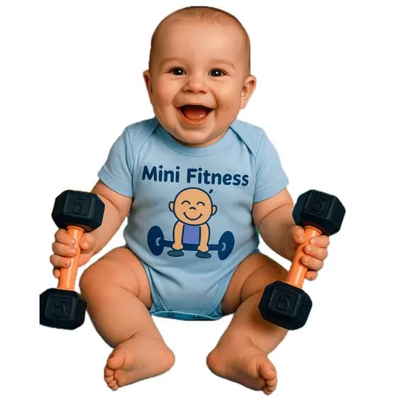 Body Bebê Azul Mini Fitness + Chocalho Haltere | Look Academia Menino