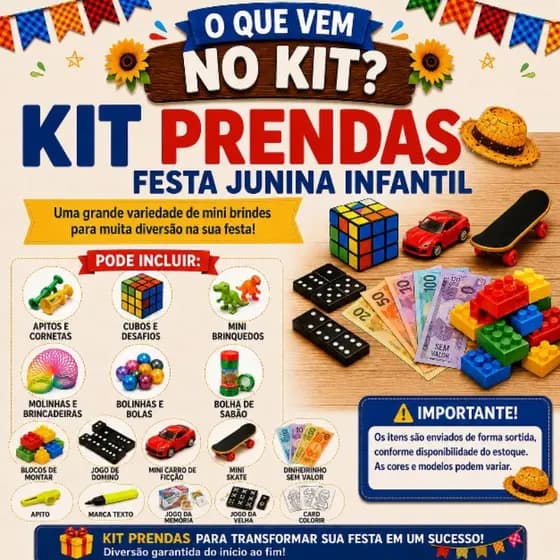 Kit Prendas Festa Junina Infantil | Brinquedos para Pescaria, Quermesse, Escola e Igreja | Kit Diversão Junina