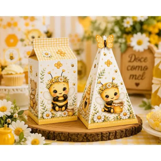 Kit Caixa Milk + Caixa Pirâmide Abelhinhas | Lembrancinha Festa Infantil Pronta Entrega