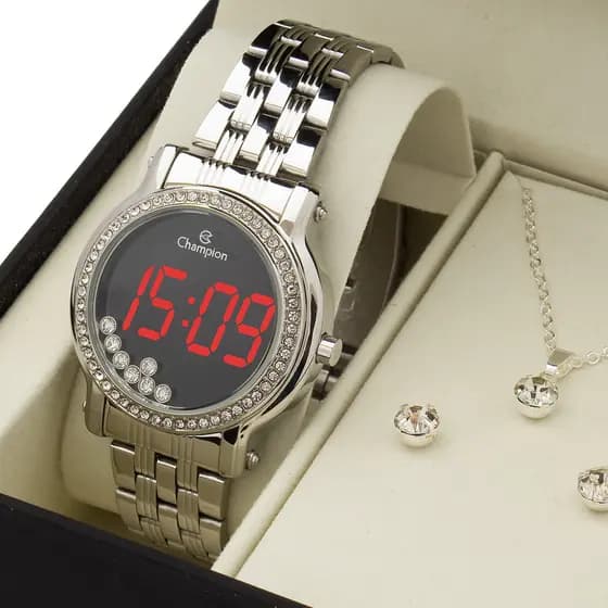 Relogio Feminino Prata Digital Strass CH48055T Original