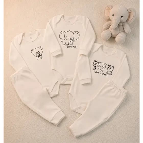 Kit 2 a 8 peças - conjunto body bebê longo + calça SORTIDO 100% Algodão Minimalista Safari Unissex