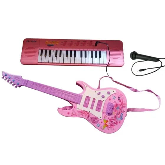 Guitarra Musical Star Rock Show Rosa + Mini Teclado Tosa Musical 32 Teclas com microfone