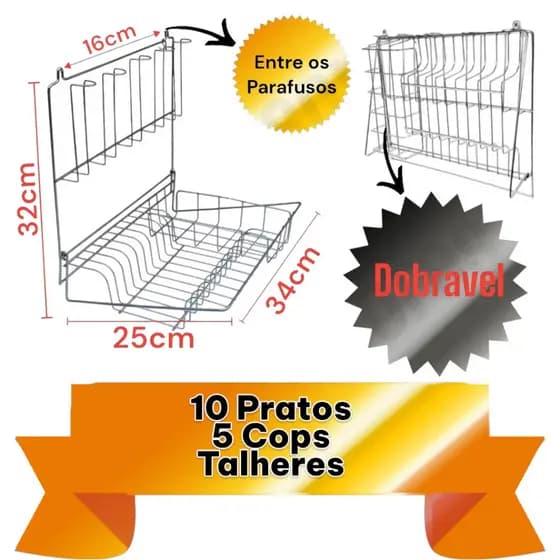 Escorredor de Pratos de Parede dobravel Resistente 10 Pratos 5 Copos E Talheres Aço Cromado