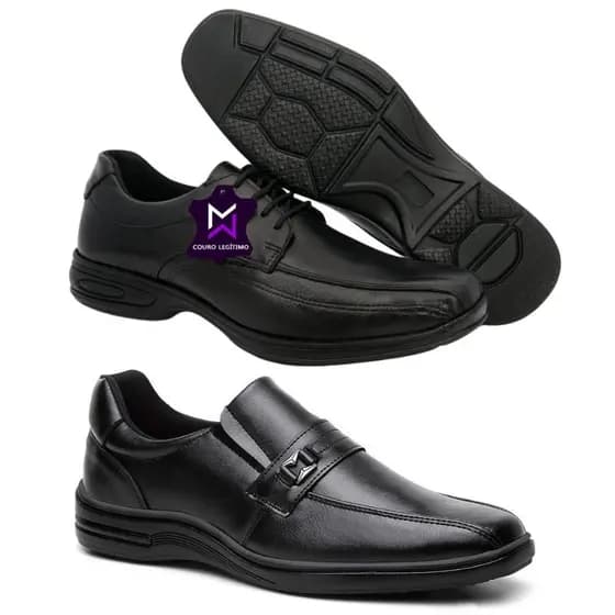 Kit Com 2 Pares de Sapato Social Masculino Elástico e Cadarço em Couro Macio
