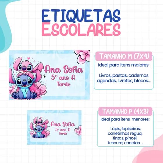136 ou 188 Etiquetas LILO E STITCH Etiquetas Adesivas Escolares Personalizadas ETIQUETA Escolar Volta as Aulas MATERIAL