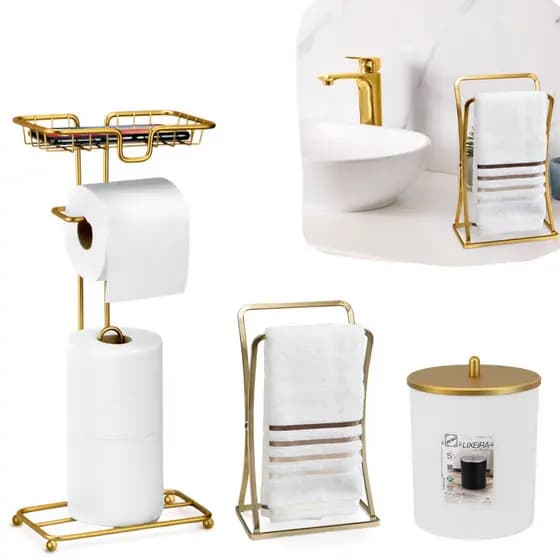 Kit Acessorios Lavabo Dourado Banheiro Lixeira Papeleira Porta Toalha Papel Higiênico Cesto de Lixo