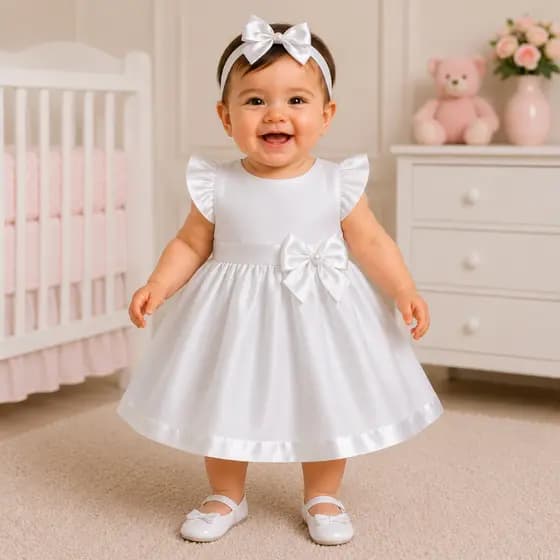 Vestido Menina Bebê Luxo | Vestido Princesa Branco Com Voil E Tiara - Moda Infantil P aos 3 anos