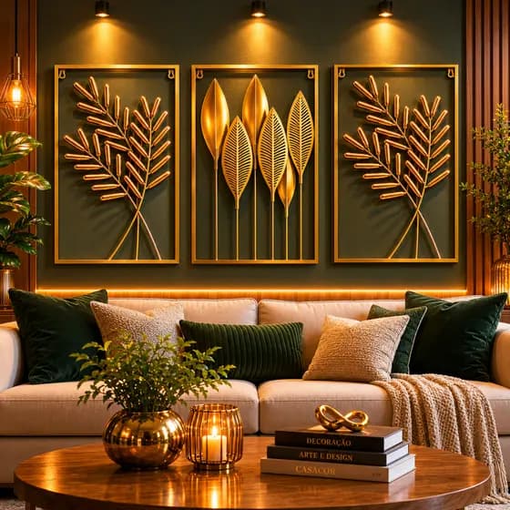Kit 3 Quadros Decorativos Grande Luxo Dourado com Flores e Plantas para Sala Quarto e Escritório