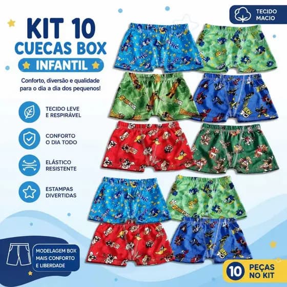 Kit com 10 cuecas BOX infantil, 1 a 6 anos de personagens