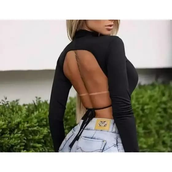 Blusa Cropped Manga Longa de Amarrar Nas Costas