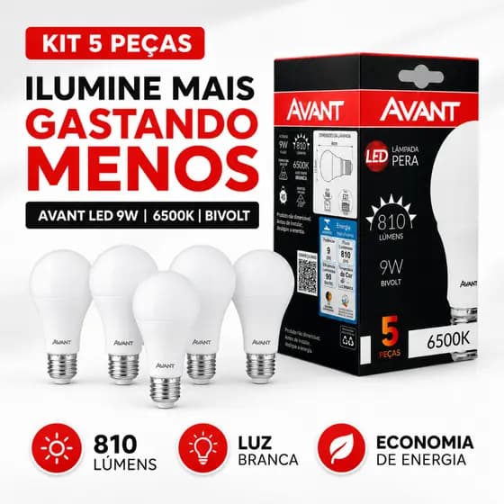 Kit 5 Lampadas Led Pera Avant 9W 6500K Bivolt E27 Luz Branca Fria 810 Lumens