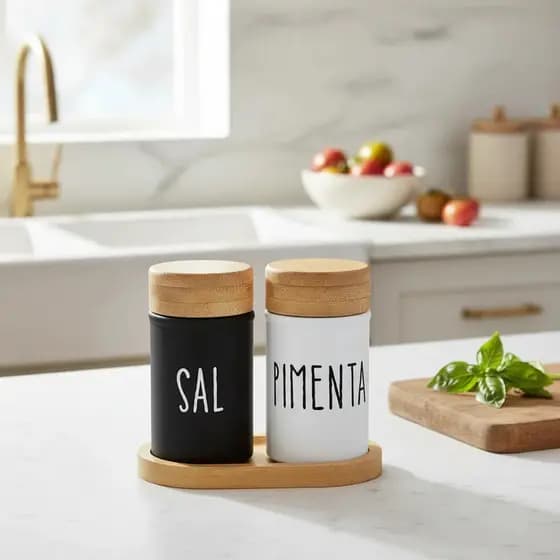 Kit Conjunto Porta Temperos Condimentos Saleiro E Pimenteiro Em Vidro 2 Peças Com Suporte De Bambu