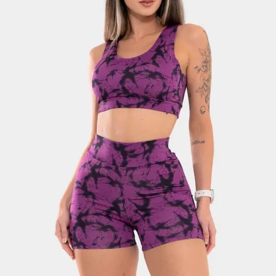 Conjunto Feminino Shorts e Top Marmorizado Degrade Fitness Ginastica