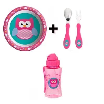 Kit Refeição Tigela + Talher Garfo Colher + Garrafa De Plástico Com Bico Alimentação Bebê Criança