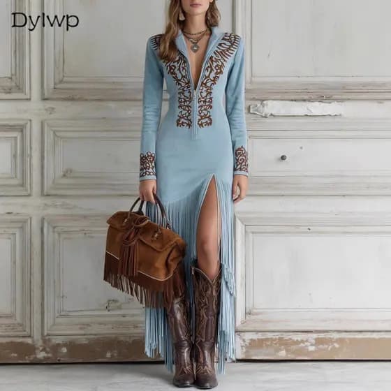 Dylwp Vestido Feminino De Manga Comprida Com Borla , Primavera Verão , Estilo Étnico Retrô