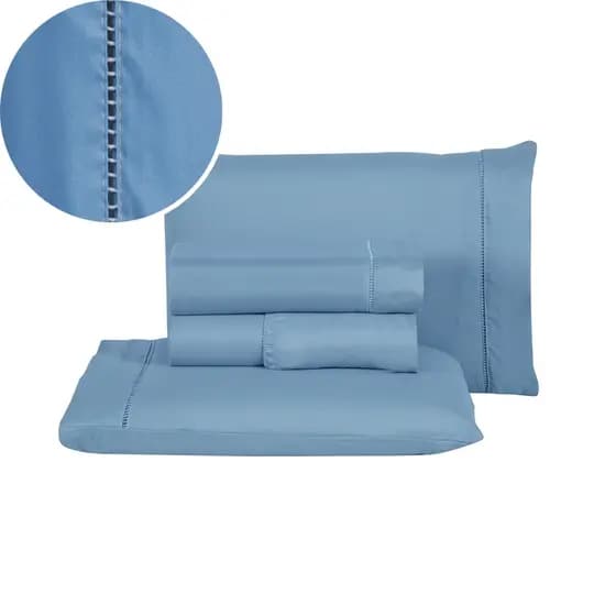 Jogo de Lençol Ponto Palito Azul 3 Peças 100% Algodão 400 Fios Queen Soft Toque Suave Hipoalergênico
