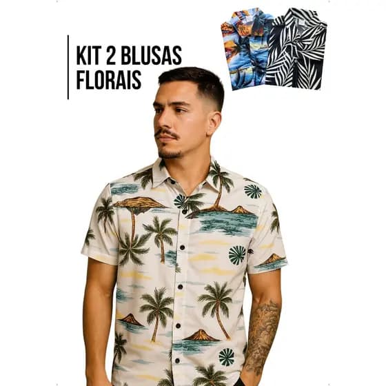 Kit 2 Camisa Social Floral Florida Masculina Havaiana Estampadas de Botão Aleatório